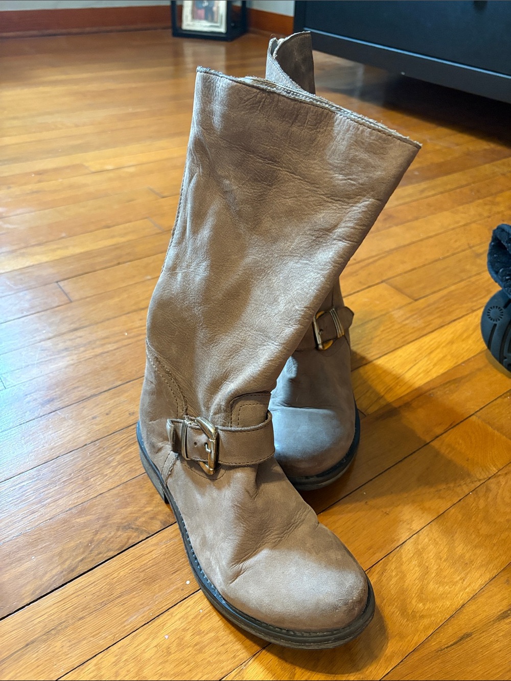 Women's Casual Mid-Calf Buckle Boots in Taupe